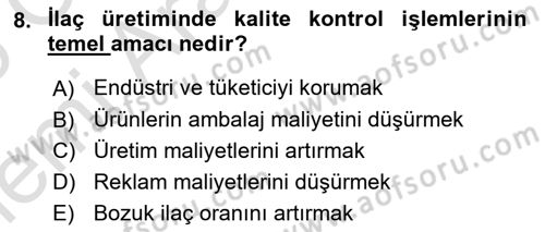 Temel İlaç Bilgisi Ve Akılcı İlaç Kullanımı Dersi 2025 - 2026 Yılı (Vize) Ara Sınav Soruları 8. Soru