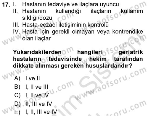 Temel İlaç Bilgisi Ve Akılcı İlaç Kullanımı Dersi 2025 - 2026 Yılı Yaz Okulu Sınav Soruları 17. Soru