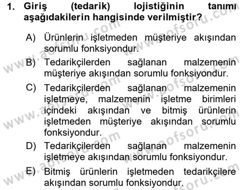 Lojistik İlkeleri Dersi 2015 - 2016 Yılı (Vize) Ara Sınavı 1. Soru