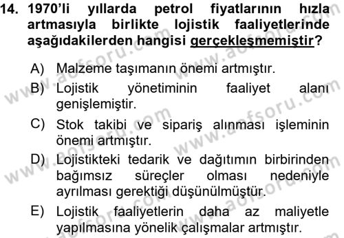 Lojistik İlkeleri Dersi 2015 - 2016 Yılı (Vize) Ara Sınavı 14. Soru