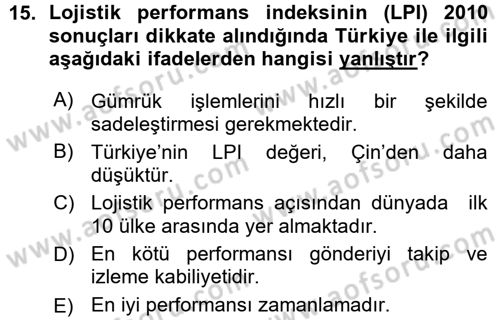 Lojistik İlkeleri Dersi 2015 - 2016 Yılı (Vize) Ara Sınavı 15. Soru