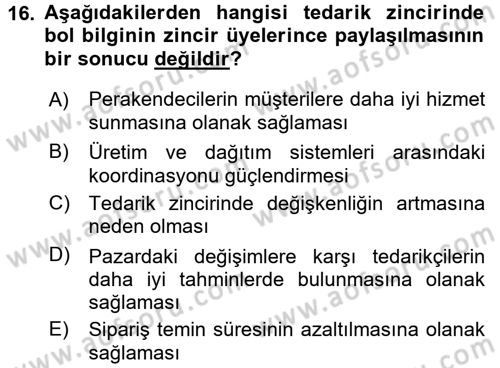 Lojistik İlkeleri Dersi Ara Sınavı Deneme Sınav Soruları 16. Soru