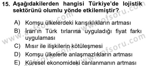 Lojistik İlkeleri Dersi Ara Sınavı Deneme Sınav Soruları 15. Soru
