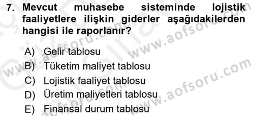 Lojistik İlkeleri Dersi 2018 - 2019 Yılı (Final) Dönem Sonu Sınavı 7. Soru