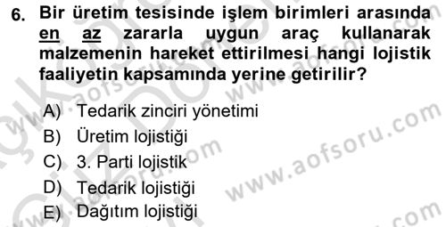 Lojistik İlkeleri Dersi Ara Sınavı Deneme Sınav Soruları 6. Soru
