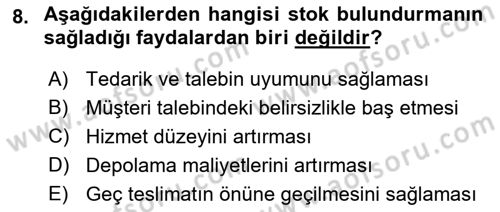 Lojistik İlkeleri Dersi Ara Sınavı Deneme Sınav Soruları 8. Soru