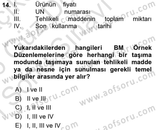 Lojistik İlkeleri Dersi 2025 - 2026 Yılı (Final) Dönem Sonu Sınav Soruları 14. Soru