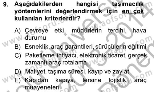 Çağdaş Lojistik Uygulamaları Dersi 2013 - 2014 Yılı (Final) Dönem Sonu Sınav Soruları 9. Soru