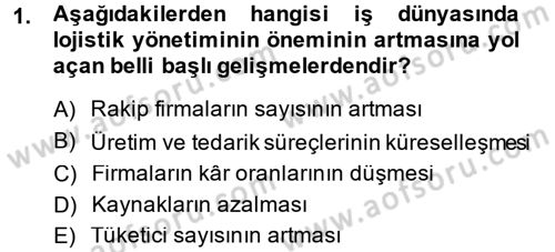 Çağdaş Lojistik Uygulamaları Dersi 2014 - 2015 Yılı (Vize) Ara Sınav Soruları 1. Soru