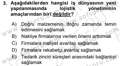 Çağdaş Lojistik Uygulamaları Dersi 2015 - 2016 Yılı (Vize) Ara Sınav Soruları 3. Soru