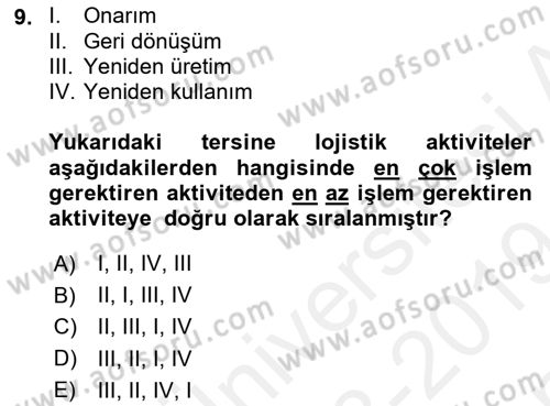 Çağdaş Lojistik Uygulamaları Dersi 2018 - 2019 Yılı (Final) Dönem Sonu Sınav Soruları 9. Soru