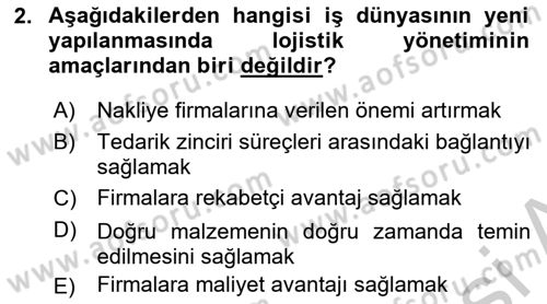 Çağdaş Lojistik Uygulamaları Dersi 2018 - 2019 Yılı Yaz Okulu Sınav Soruları 2. Soru