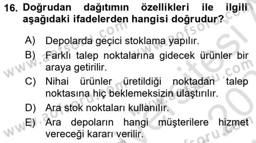 Çağdaş Lojistik Uygulamaları Dersi 2023 - 2024 Yılı (Vize) Ara Sınav Soruları 16. Soru