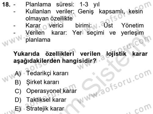 Çağdaş Lojistik Uygulamaları Dersi 2023 - 2024 Yılı (Vize) Ara Sınav Soruları 18. Soru