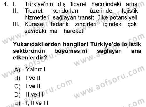 Çağdaş Lojistik Uygulamaları Dersi 2023 - 2024 Yılı (Final) Dönem Sonu Sınav Soruları 1. Soru