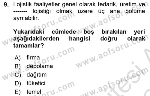 Çağdaş Lojistik Uygulamaları Dersi 2023 - 2024 Yılı Yaz Okulu Sınav Soruları 9. Soru