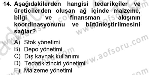 Lojistik Yönetimi Dersi 2013 - 2014 Yılı Tek Ders Sınav Soruları 14. Soru