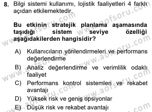 Lojistik Yönetimi Dersi 2015 - 2016 Yılı (Final) Dönem Sonu Sınav Soruları 8. Soru