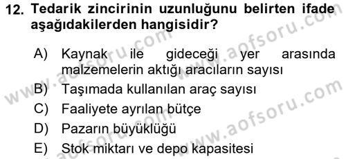 Lojistik Yönetimi Dersi 2015 - 2016 Yılı Tek Ders Sınav Soruları 12. Soru