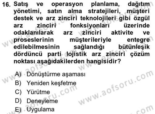 Lojistik Yönetimi Dersi 2015 - 2016 Yılı Tek Ders Sınavı 16. Soru