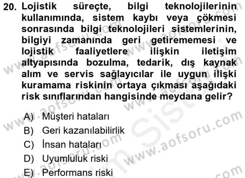 Lojistik Yönetimi Dersi 2015 - 2016 Yılı Tek Ders Sınav Soruları 20. Soru