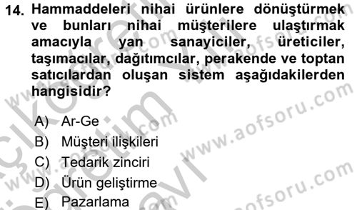 Lojistik Yönetimi Dersi 2016 - 2017 Yılı 3 Ders Sınavı 14. Soru