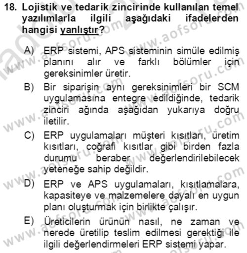 Lojistik Yönetimi Dersi 2020 - 2021 Yılı Yaz Okulu Sınav Soruları 18. Soru