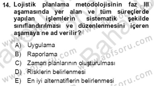 Lojistik Yönetimi Dersi 2021 - 2022 Yılı (Vize) Ara Sınav Soruları 14. Soru