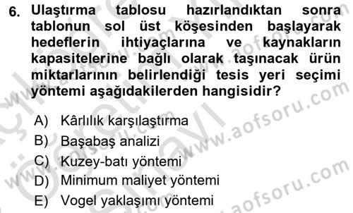 Lojistik Yönetimi Dersi 2022 - 2023 Yılı Yaz Okulu Sınav Soruları 6. Soru