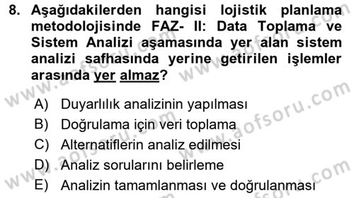 Lojistik Yönetimi Dersi 2022 - 2023 Yılı Yaz Okulu Sınav Soruları 8. Soru