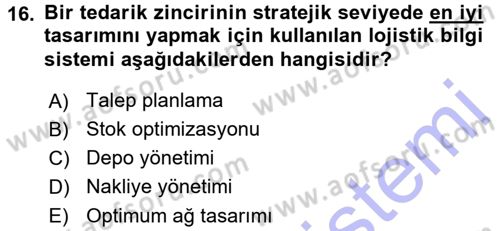 Uluslararası Lojistik Dersi 2015 - 2016 Yılı (Final) Dönem Sonu Sınav Soruları 16. Soru