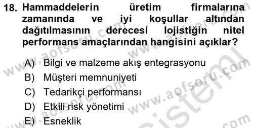 Uluslararası Lojistik Dersi 2021 - 2022 Yılı (Final) Dönem Sonu Sınavı 18. Soru