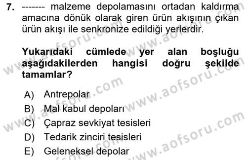 Uluslararası Lojistik Dersi 2021 - 2022 Yılı (Final) Dönem Sonu Sınavı 7. Soru