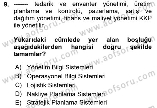 Uluslararası Lojistik Dersi 2021 - 2022 Yılı Yaz Okulu Sınav Soruları 9. Soru