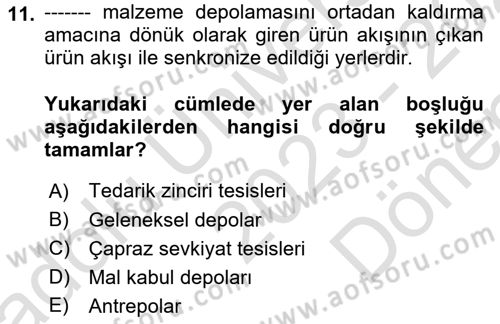 Uluslararası Lojistik Dersi 2023 - 2024 Yılı (Final) Dönem Sonu Sınav Soruları 11. Soru