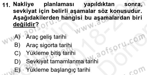 Lojistikte Teknoloji Kullanımı Dersi 2018 - 2019 Yılı (Final) Dönem Sonu Sınav Soruları 11. Soru