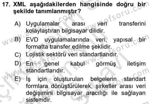 Lojistikte Teknoloji Kullanımı Dersi 2023 - 2024 Yılı (Vize) Ara Sınav Soruları 17. Soru