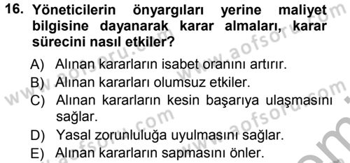 Lojistik Maliyetleri ve Raporlama 1 Dersi Ara Sınavı Deneme Sınav Soruları 16. Soru