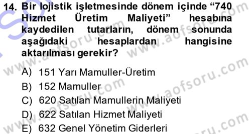 Lojistik Maliyetleri ve Raporlama 1 Dersi 2013 - 2014 Yılı (Final) Dönem Sonu Sınav Soruları 14. Soru