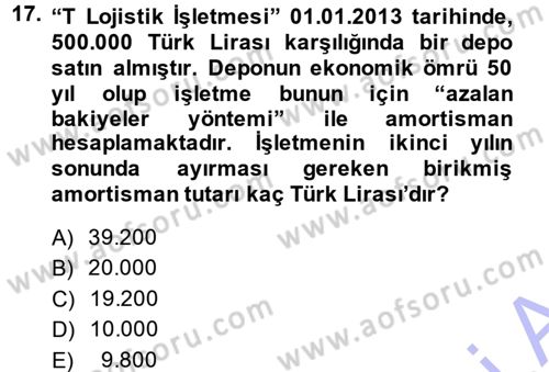 Lojistik Maliyetleri ve Raporlama 1 Dersi 2013 - 2014 Yılı (Final) Dönem Sonu Sınav Soruları 17. Soru