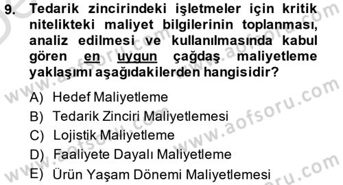 Lojistik Maliyetleri ve Raporlama 1 Dersi 2014 - 2015 Yılı Tek Ders Sınav Soruları 9. Soru
