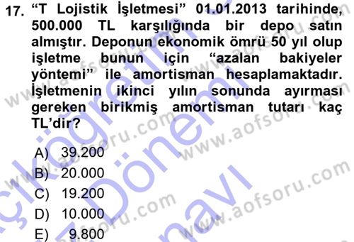 Lojistik Maliyetleri ve Raporlama 1 Dersi 2015 - 2016 Yılı (Final) Dönem Sonu Sınav Soruları 17. Soru