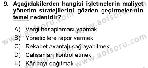 Lojistik Maliyetleri ve Raporlama 1 Dersi 2015 - 2016 Yılı (Final) Dönem Sonu Sınav Soruları 9. Soru
