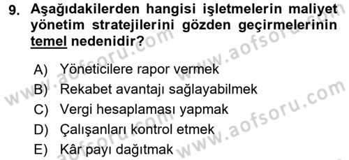 Lojistik Maliyetleri ve Raporlama 1 Dersi 2015 - 2016 Yılı Tek Ders Sınav Soruları 9. Soru