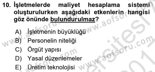 Lojistik Maliyetleri ve Raporlama 1 Dersi Ara Sınavı Deneme Sınav Soruları 10. Soru