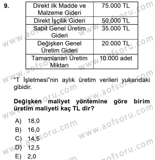 Lojistik Maliyetleri ve Raporlama 1 Dersi Ara Sınavı Deneme Sınav Soruları 9. Soru