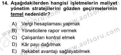 Lojistik Maliyetleri ve Raporlama 1 Dersi 2017 - 2018 Yılı 3 Ders Sınav Soruları 14. Soru
