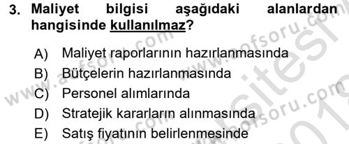 Lojistik Maliyetleri ve Raporlama 1 Dersi 2017 - 2018 Yılı (Vize) Ara Sınav Soruları 3. Soru