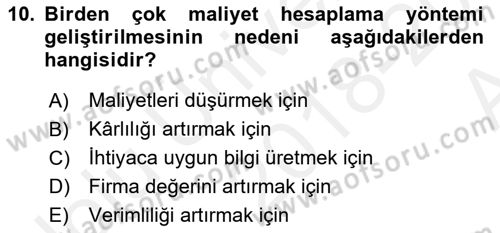 Lojistik Maliyetleri ve Raporlama 1 Dersi Ara Sınavı Deneme Sınav Soruları 10. Soru