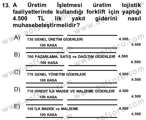 Lojistik Maliyetleri ve Raporlama 1 Dersi 2018 - 2019 Yılı (Final) Dönem Sonu Sınav Soruları 13. Soru